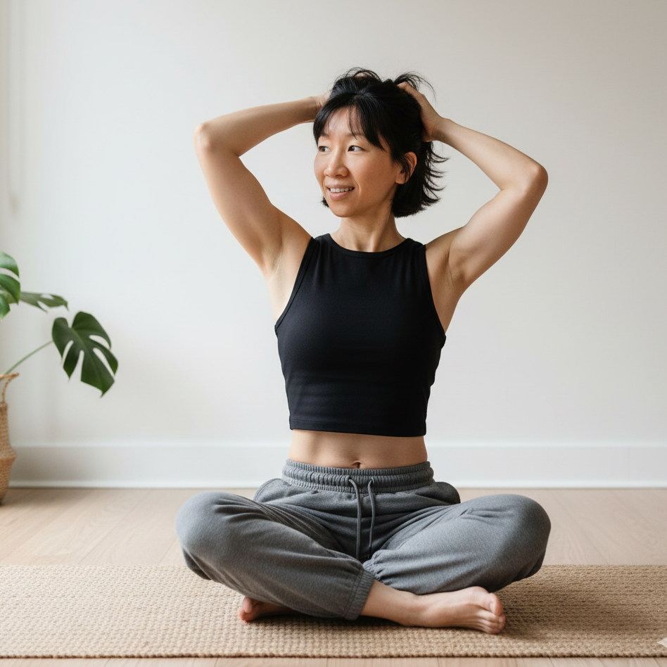 Phương ngồi thư giãn trên thảm tập trong ánh sáng tự nhiên