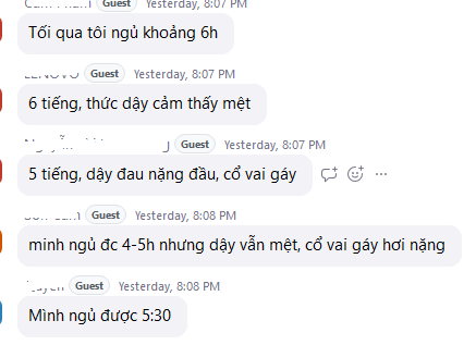 Phản hồi trước workshop: người tham gia chia sẻ tình trạng mệt mỏi, đau đầu, cổ vai gáy căng